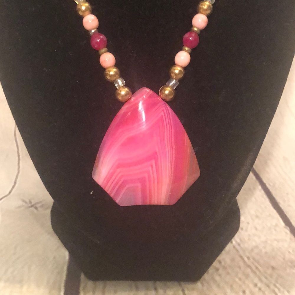 Handcrafted Pink Stone Beaded Pendant OOAK